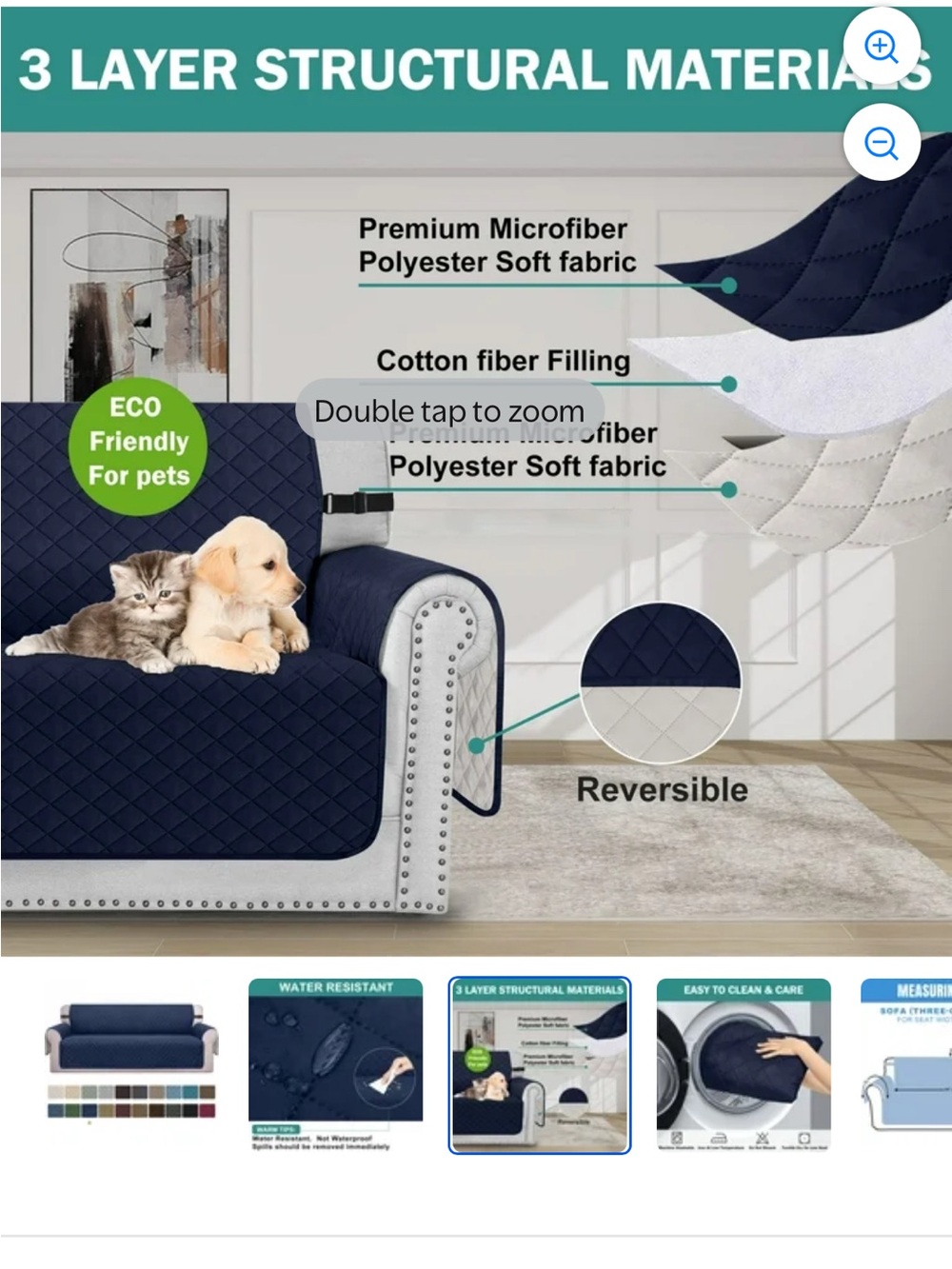 Reversible Navy Quilted Sofa Protector Cover - Pet Friendly